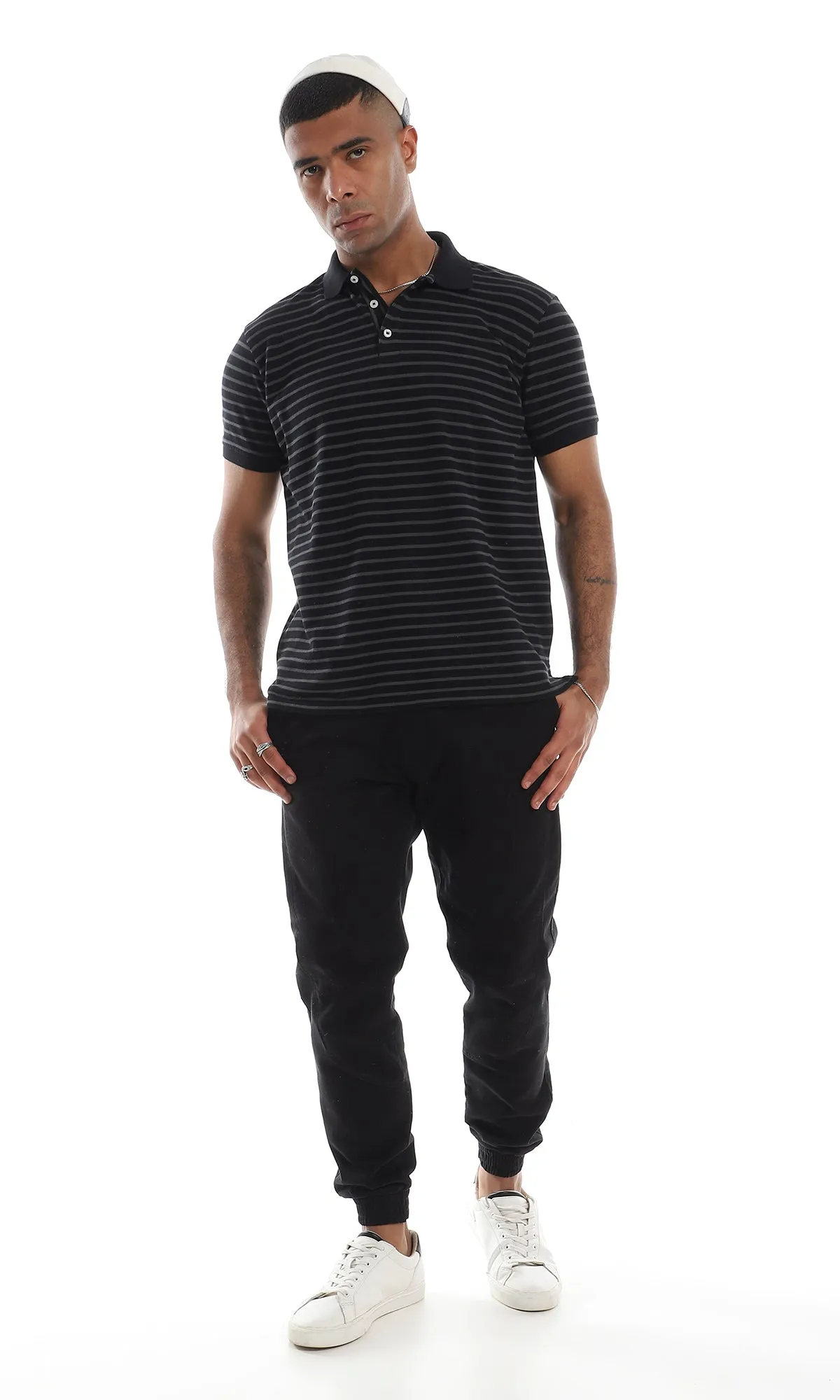 O161041 Bi-Tone Classic Collar Striped Black & Grey Polo Shirt