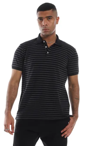 O161041 Bi-Tone Classic Collar Striped Black & Grey Polo Shirt