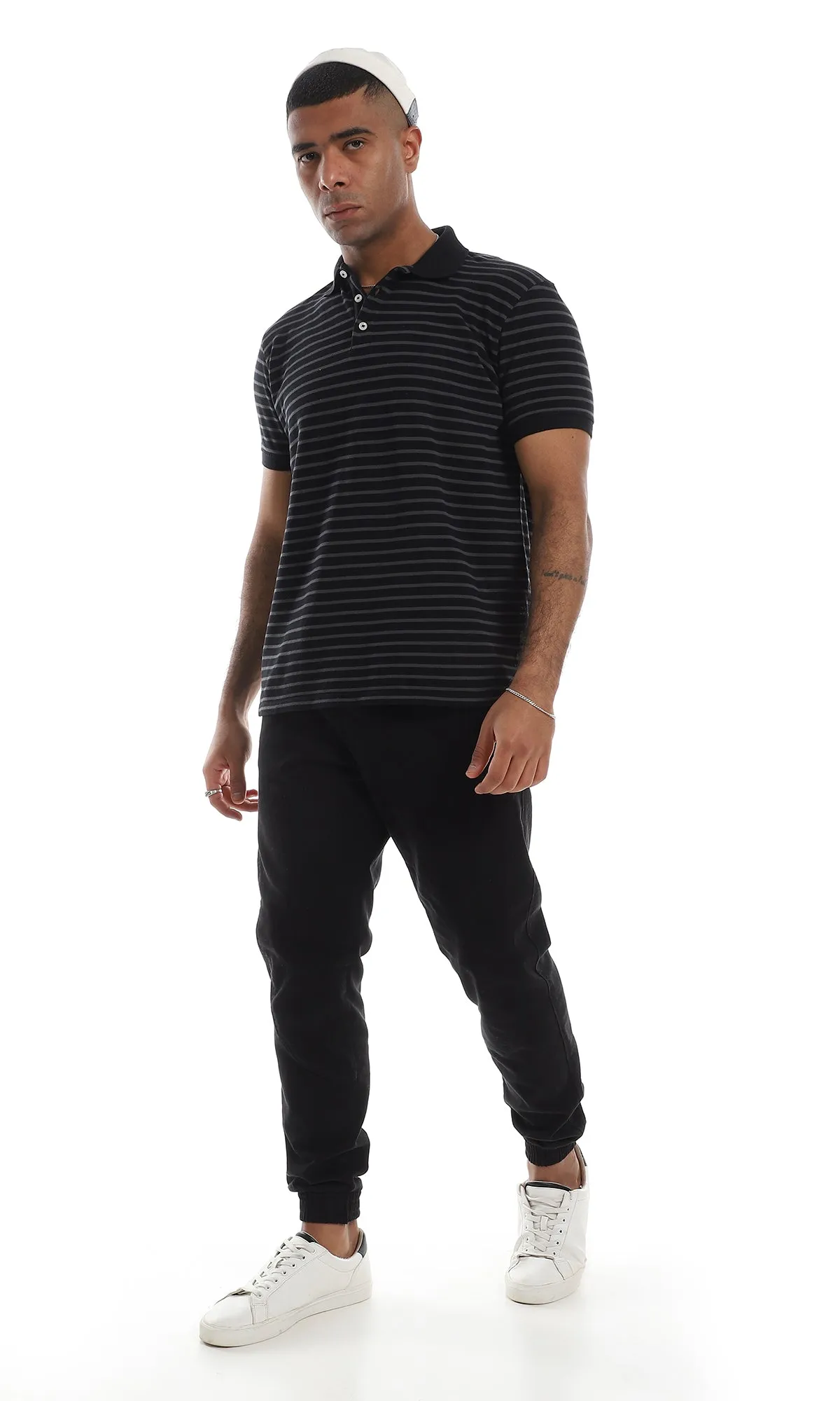 O161041 Bi-Tone Classic Collar Striped Black & Grey Polo Shirt