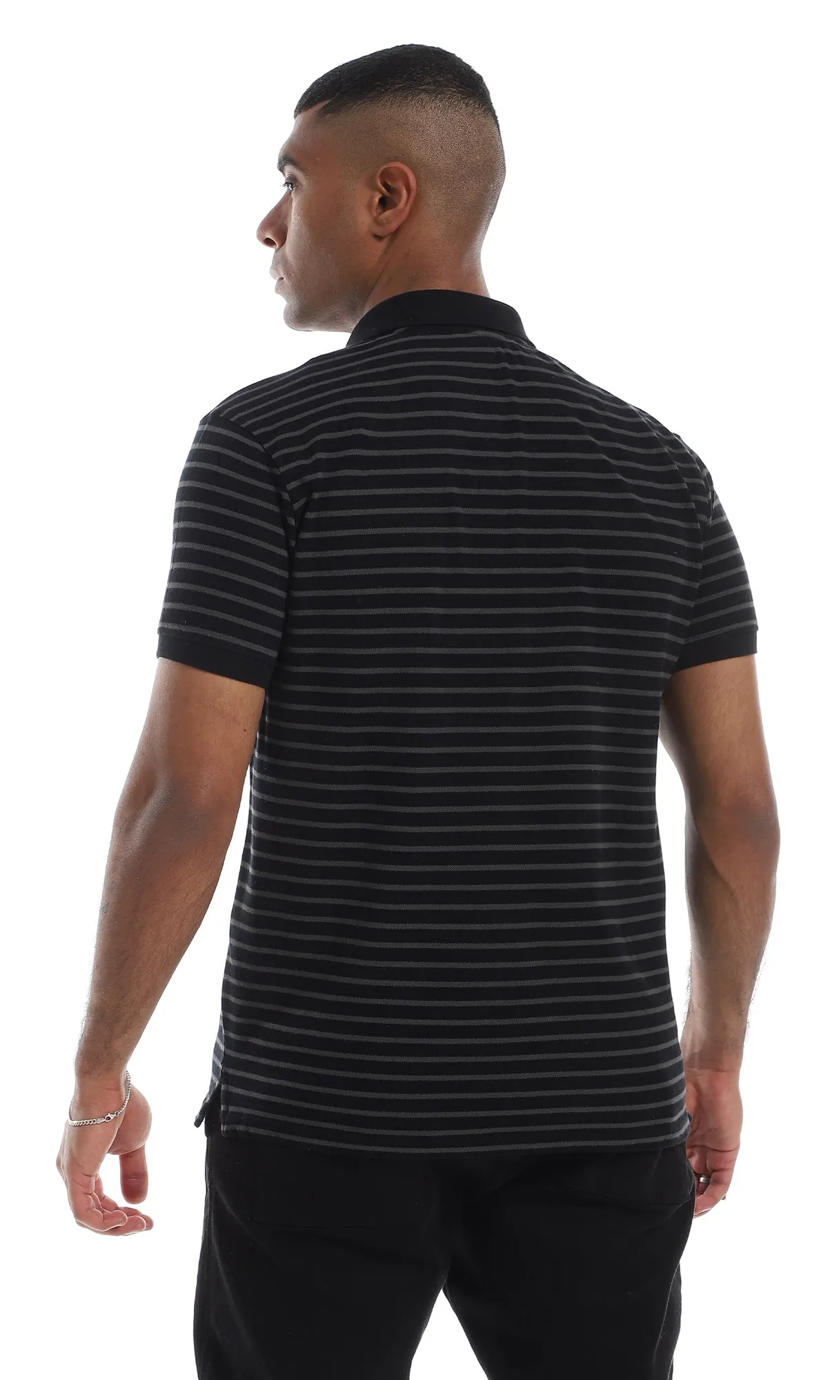 O161041 Bi-Tone Classic Collar Striped Black & Grey Polo Shirt