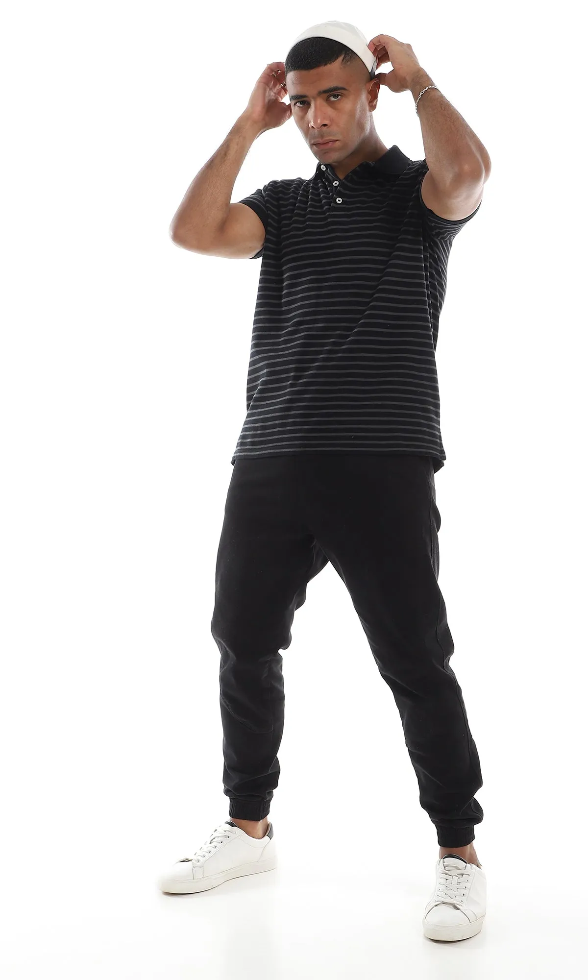 O161041 Bi-Tone Classic Collar Striped Black & Grey Polo Shirt
