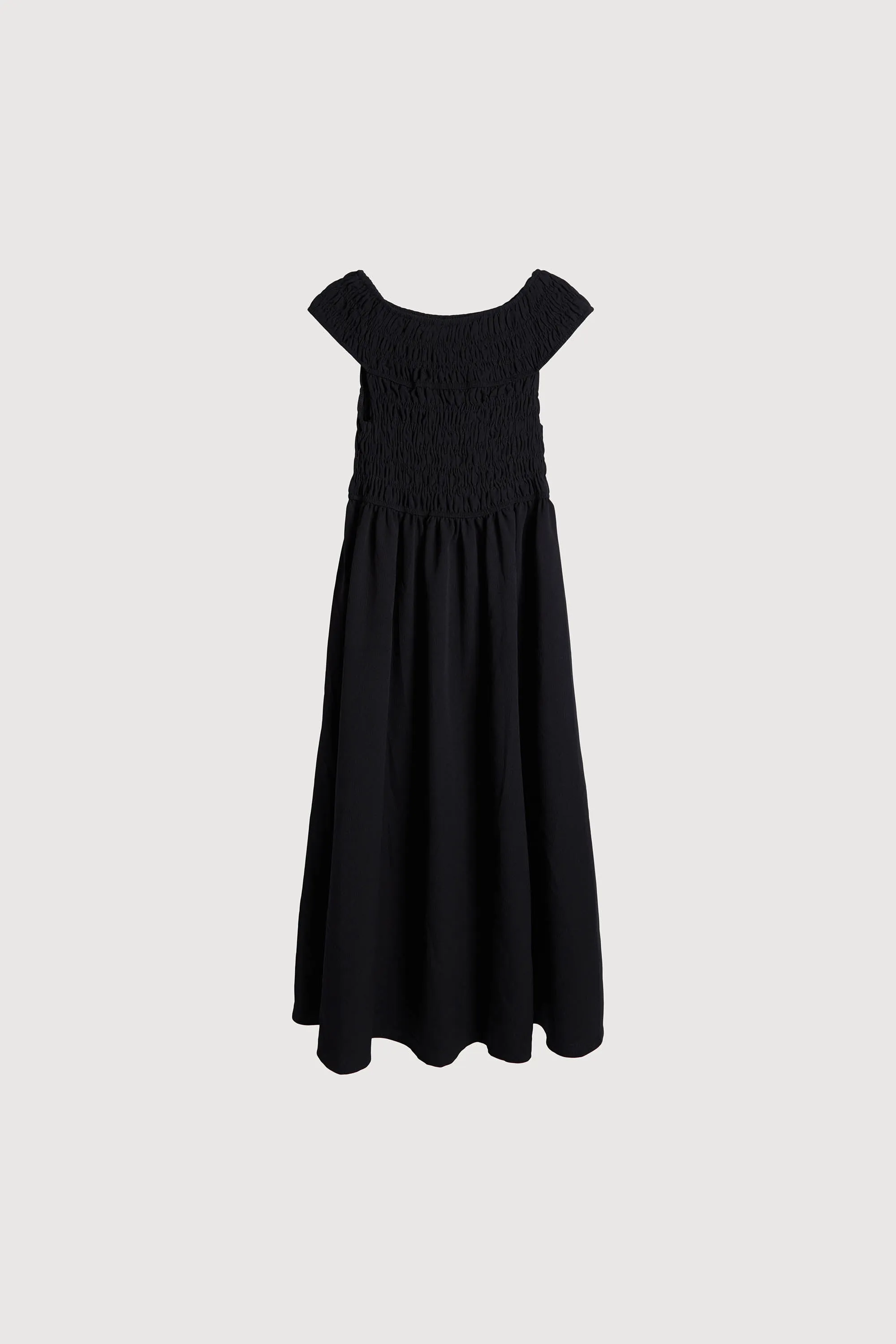 OFF-SHOULDER SMOCKED MIDI DRESS