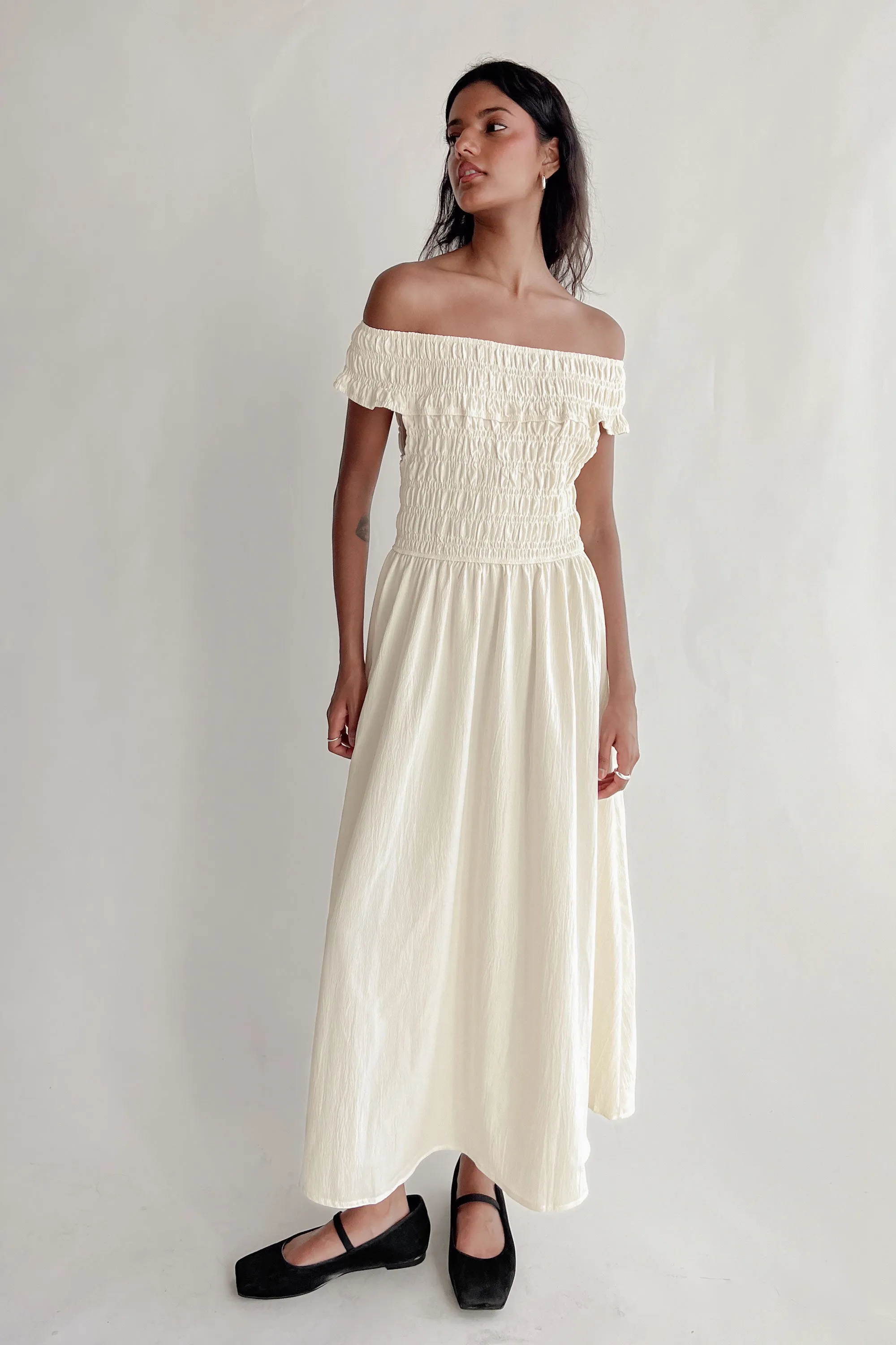 OFF-SHOULDER SMOCKED MIDI DRESS