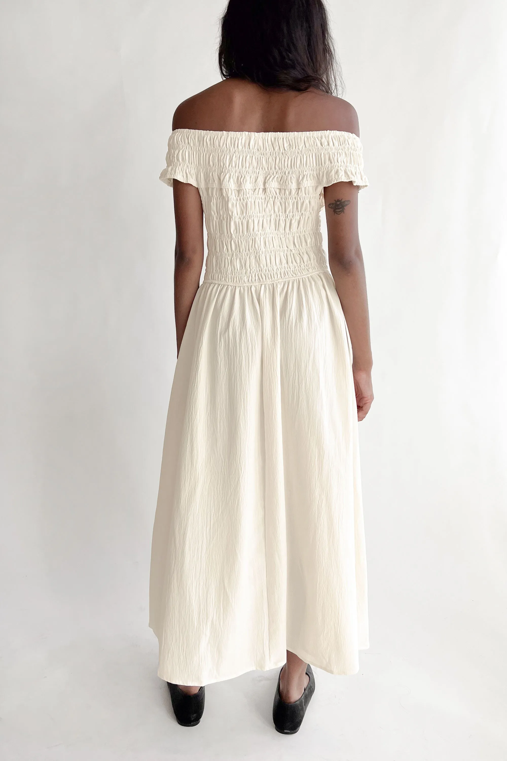 OFF-SHOULDER SMOCKED MIDI DRESS