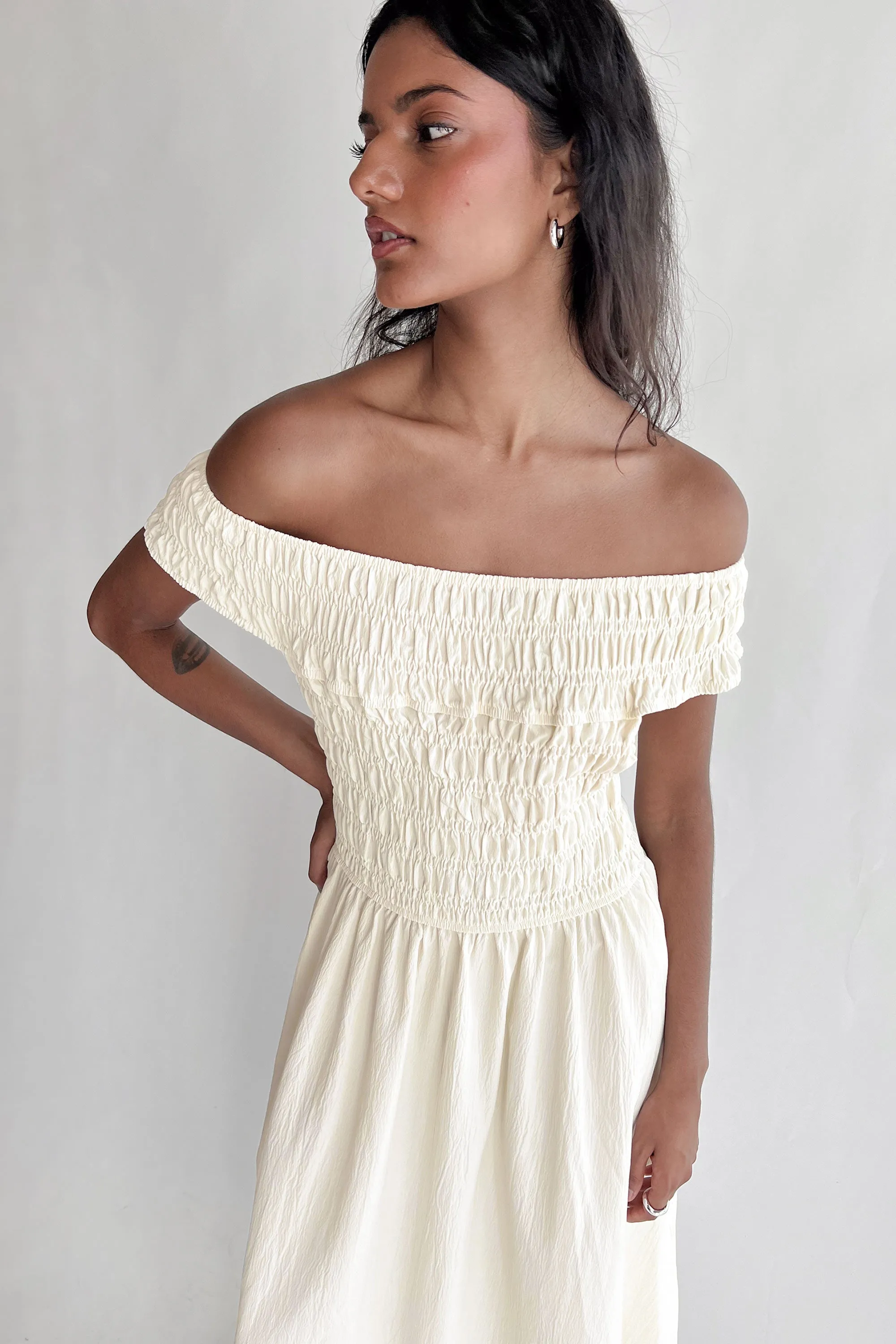 OFF-SHOULDER SMOCKED MIDI DRESS