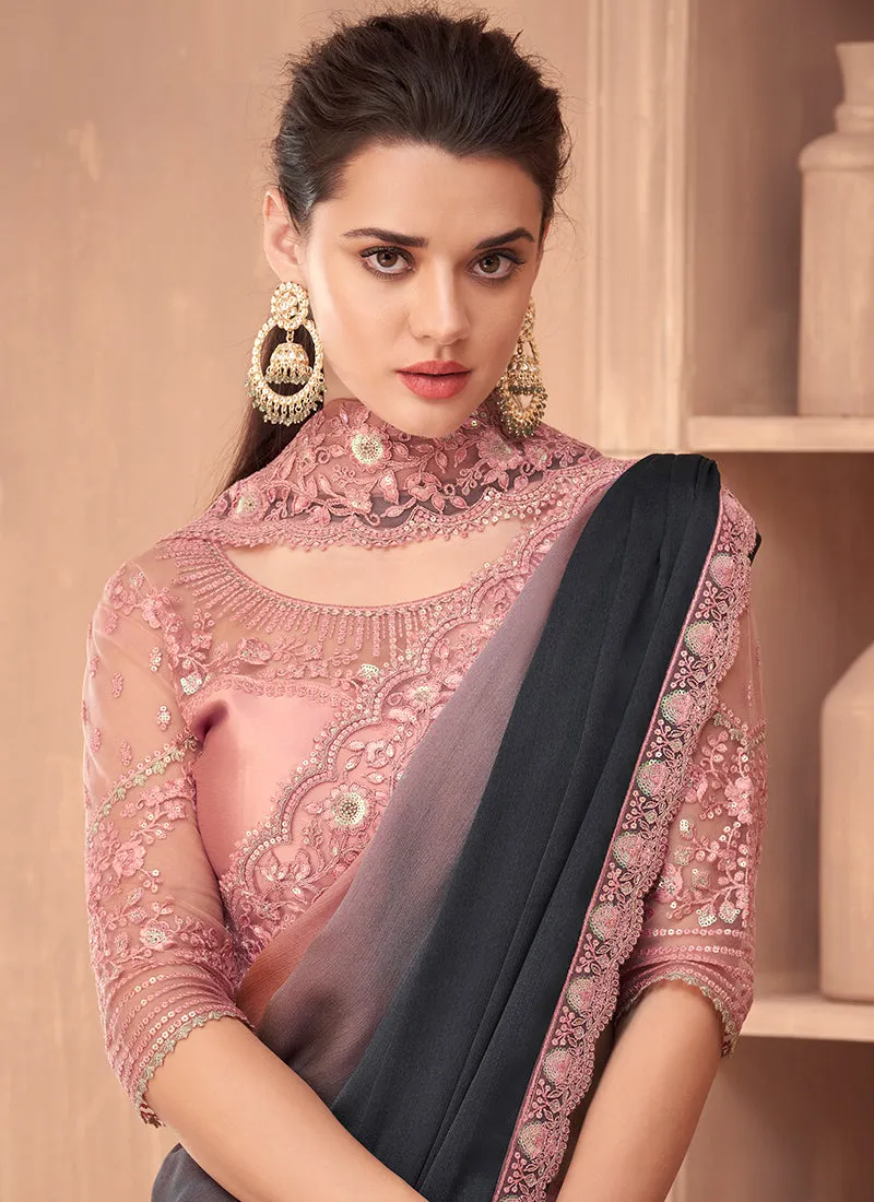 Pinkish Black Sequence Embroidery Traditional Wedding Saree