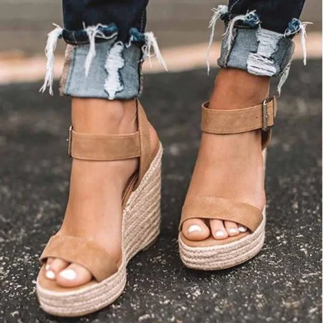 Platform Sandals Women Peep Toe High Wedges Heels Ankle Buckles Sandals