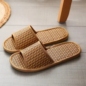 Summer Bamboo Woven Rattan and Grass Lovers Straw Mat Slippers - Indoor Wooden Floor Home Linen Shoes