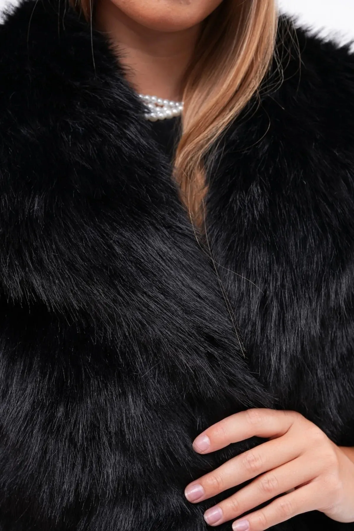 Wide Collar Faux Fur Jacket  Black
