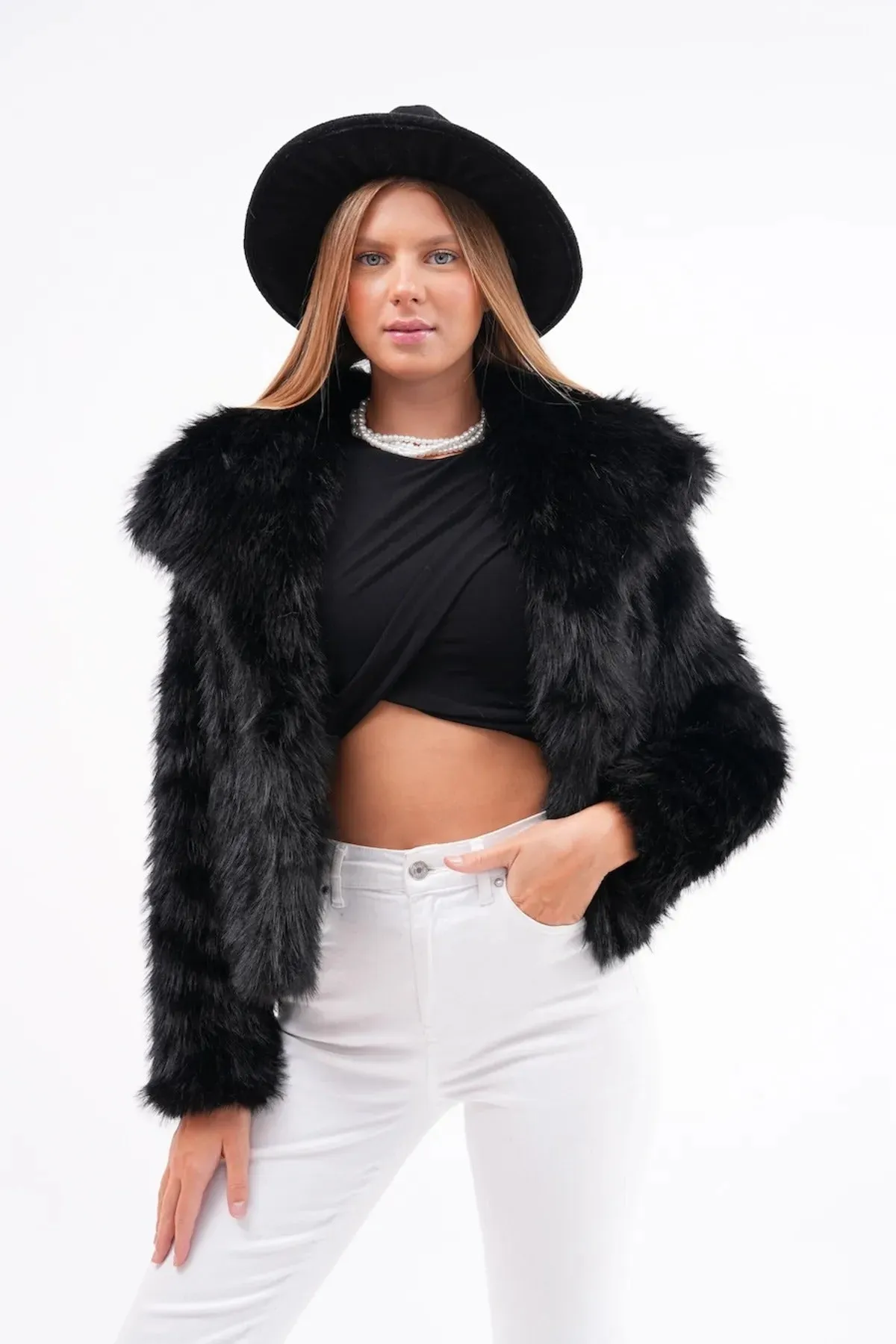 Wide Collar Faux Fur Jacket  Black