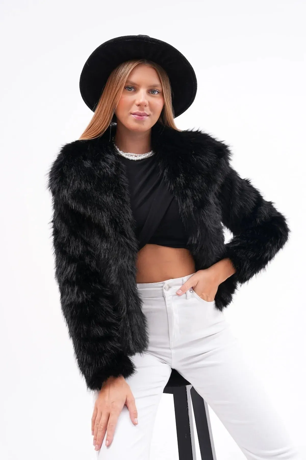 Wide Collar Faux Fur Jacket  Black