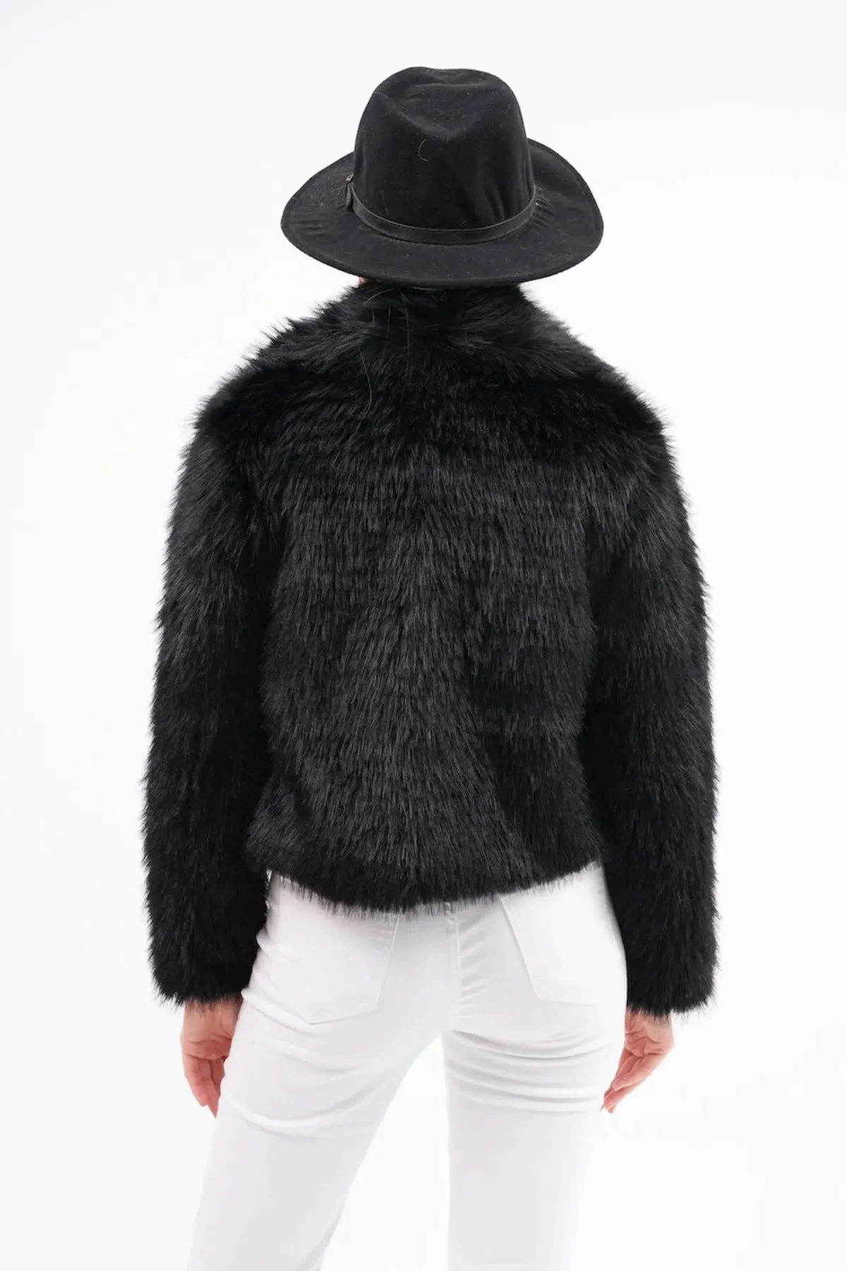 Wide Collar Faux Fur Jacket  Black