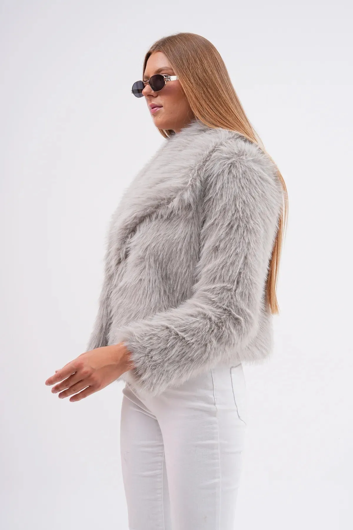 Wide Collar Faux Fur Jacket  Soft Gray