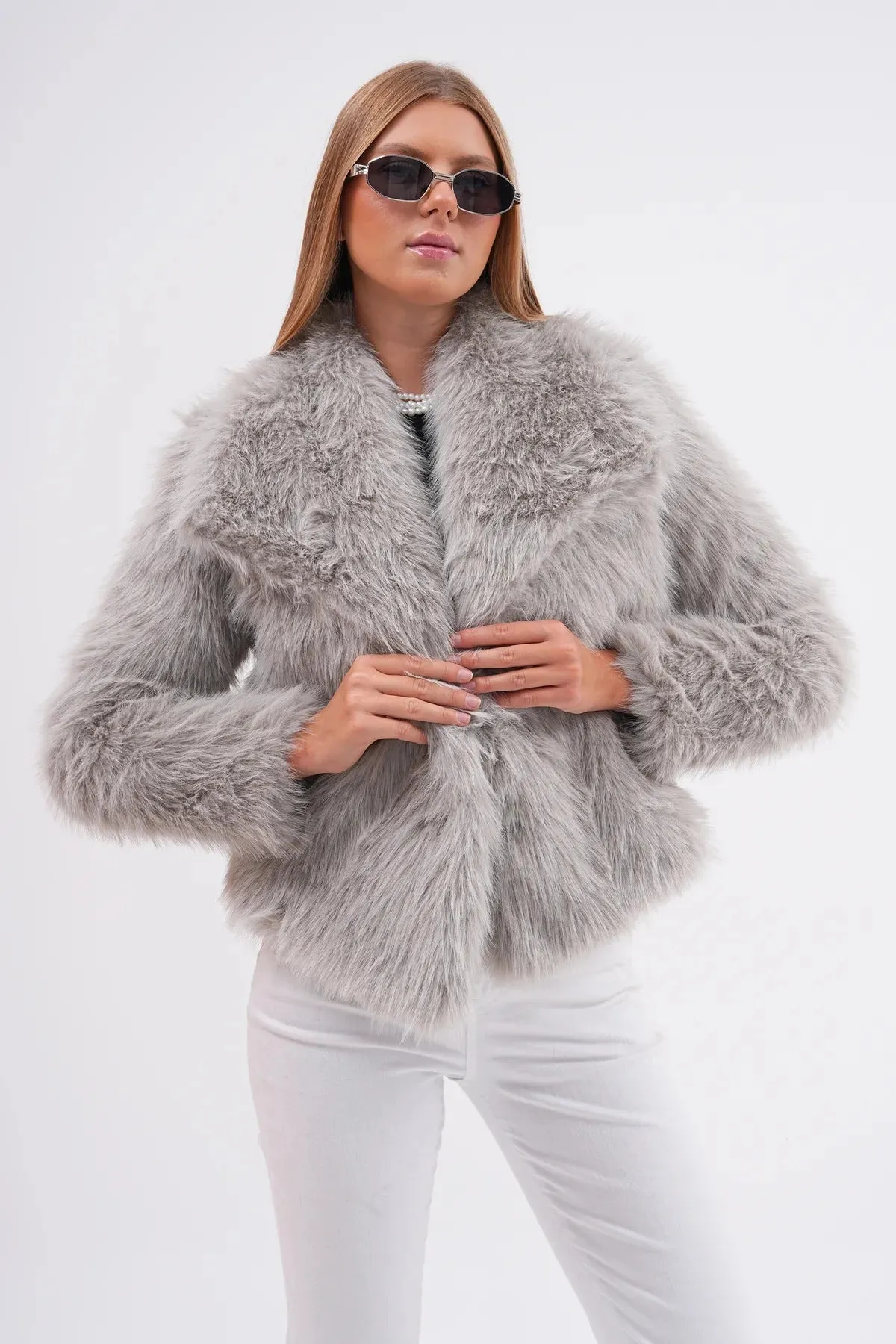 Wide Collar Faux Fur Jacket  Soft Gray
