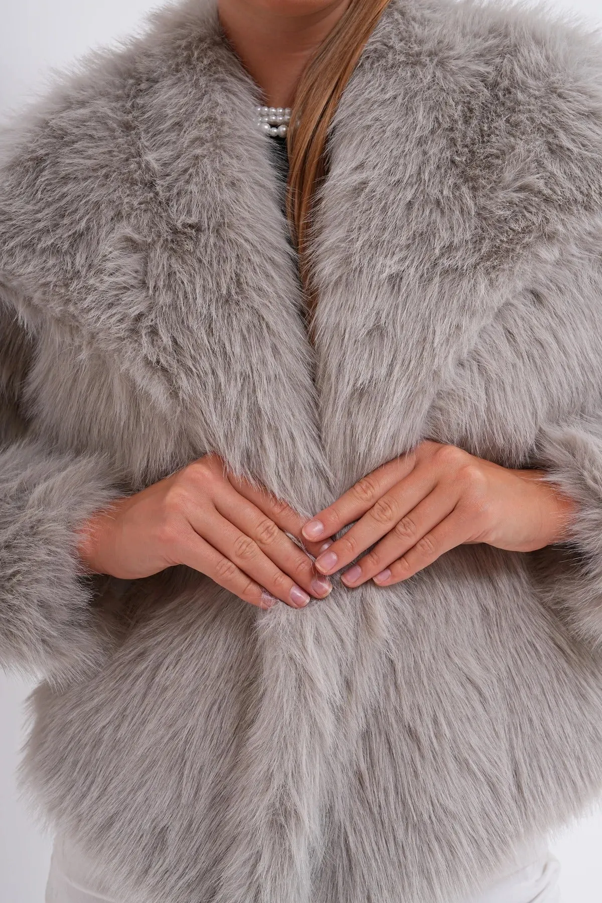 Wide Collar Faux Fur Jacket  Soft Gray