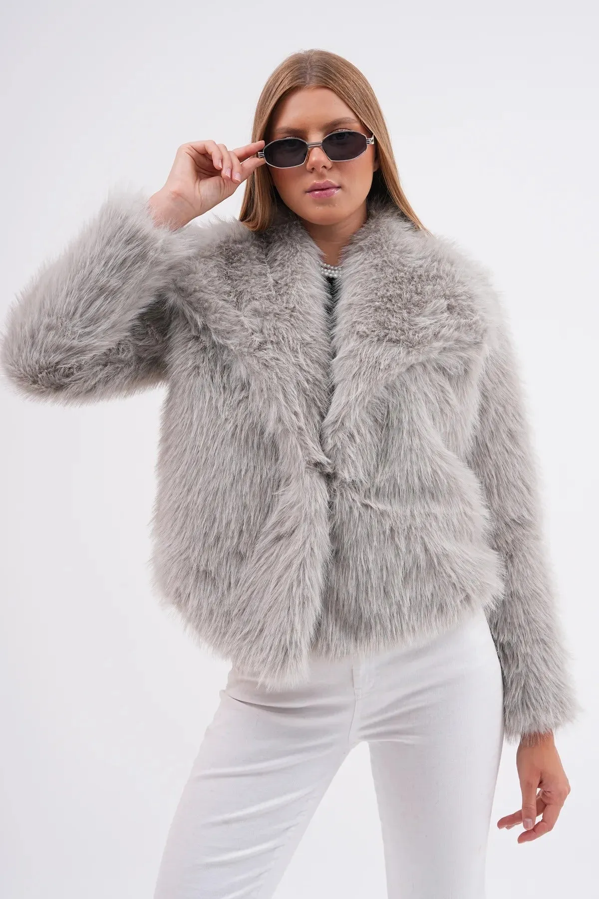 Wide Collar Faux Fur Jacket  Soft Gray