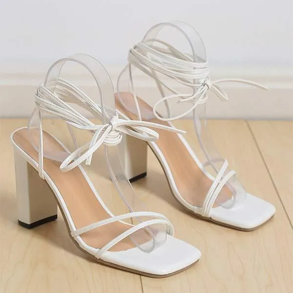Women's Strappy High Heel Sandals with Crossed Ties and Square Toe 28877262C